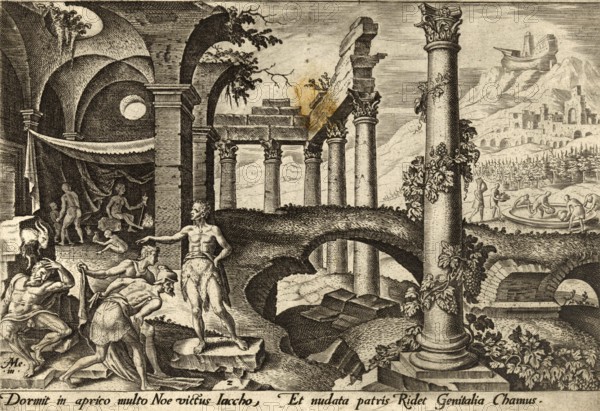 From The Disasters of The Jewish People: After the flood was over, Noah became a winemaker, got drunk and lay naked in his tent. His son Ham saw his father's nakedness and told his brothers Sem and Japhet instead of covering him. This behavior is often interpreted as disrespectful ridicule or dishonest, illustration, reproduction from a 19th-century template. Authentic, file restored for optimal use, exact date of submission unknown, historical