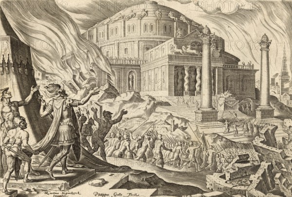 From The Disasters of The Jewish People: The Destruction of Jerusalem by the Roman General and later Emperor Titus, illustration, reproduction from a 19th-century model. Authentic, file restored for optimal use, exact date of submission unknown, historical