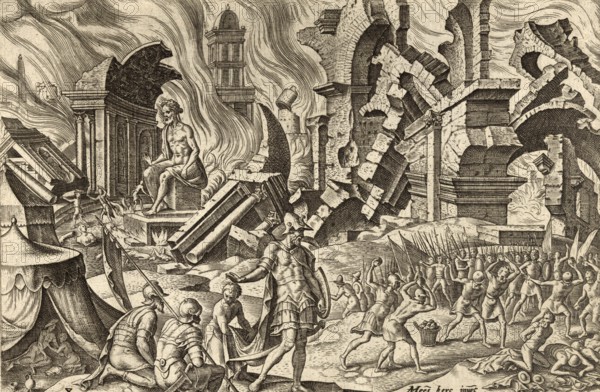 From The Disasters of The Jewish People: The destruction of Ai and the stoning of Achan (Joshua 7-8) are central Old Testament stories about obedience and sin. Achan stole spoils from Jericho, which led to the defeat at Ai. After his discovery, Achan and his family were stoned to death in the Valley of Achor, whereupon Joshua completely destroyed Ai through an ambush tactic, Illustration, reproduction from a 19th century original. Authentic, file restored for optimal use, exact date of original unknown, Historical