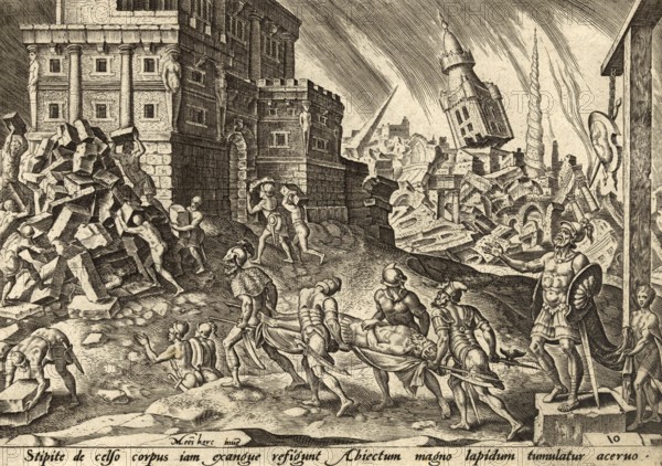 From The Disasters of The Jewish People: After the conquest of the city of Ai by the Israelites under the leadership of Joshua, the king of Ai was captured, hanged and then placed his body at the entrance of the city gate and covered with a large pile of stones, illustration, reproduction of a model from the 19th century. Authentic, file restored for optimal use, exact date of submission unknown, historical