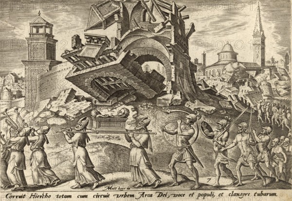 From The Disasters of The Jewish People: The Destruction of Jericho is a biblical narrative from the Book of Joshua (Chapter 6), in which the walls of the Canaanite city collapsed after seven days of ritual circumambulation by the Israelites, the sound of trumpets and loud shouting, illustration, reproduction from a 19th century original. Authentic, file restored for optimal use, exact date of original unknown, Historical