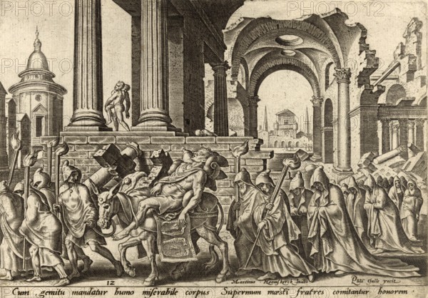 From The Disasters of The Jewish People: Samson's burial is described in the Old Testament (Judges 16:31) . After his death by the collapse of the Philistine temple, his brothers and his whole family picked him up, took him away and buried him between Zorah and Eshtaol in the burial place of his father Manoah, illustration, reproduction from a 19th century original. Authentic, file restored for optimal use, exact date of original unknown, Historical