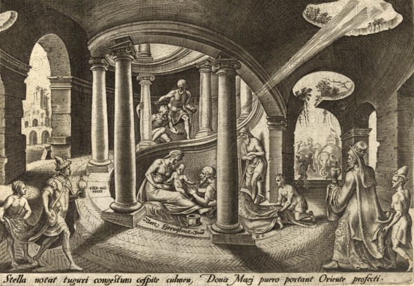 From The Disasters of The Jewish People: The Adoration of the Magi describes the visit of the wise men from the East to the newborn baby Jesus, illustration, reproduction from a 19th-century model. Authentic, file restored for optimal use, exact date of submission unknown, historical