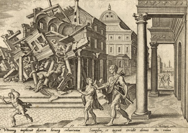 From The Disasters of The Jewish People: After his capture and blinding by the Philistines, the biblical judge Samson is taken from prison to mock the Philistines in the Temple of Dagon, illustration, reproduction from a 19th century original. Authentic, file restored for optimal use, exact date of original unknown, Historical