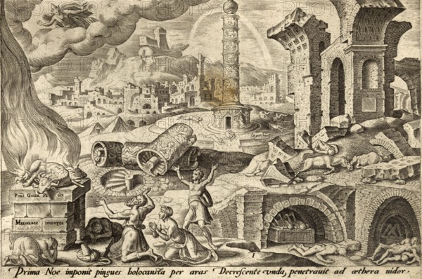 From The Disasters of The Jewish People: After the Flood, Noah offered a burnt offering to God for the rescue by sacrificing every pure animal and bird, illustration, reproduction from a 19th-century model. Authentic, file restored for optimal use, exact date of submission unknown, historical