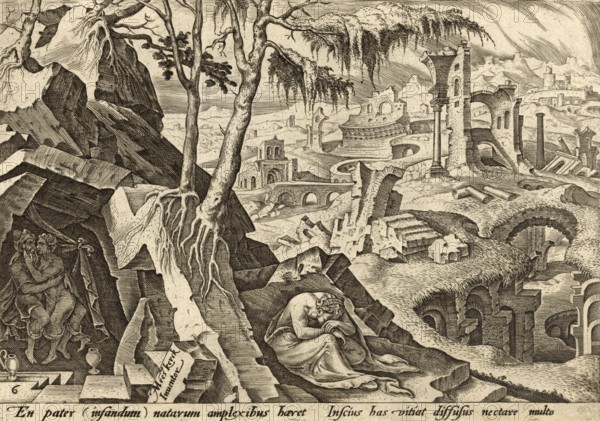 From The Disasters of The Jewish People: Lot, who is made drunk with wine by his daughters in a cave to ensure the continuation of their lineage after they fled the destroyed Sodom, illustration, reproduction from a 19th-century model. Authentic, file restored for optimal use, exact date of submission unknown, historical