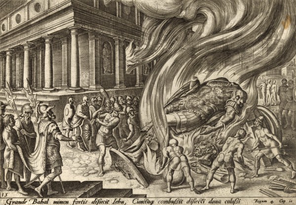 From The Disasters of The Jewish People: Jehu, King of Israel, destroyed the Baal cult by having its temple made into a cession, burning the Baal statue and killing the priests, illustration, reproduction from a 19th-century model. Authentic, file restored for optimal use, exact date of submission unknown, historical