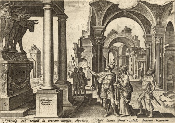 From The Disasters of The Jewish People: Jehu, King of Israel, venerates the golden calves built by Jeroboam in Bethel and Dan golden calves, illustration, reproduction from a 19th-century model. Authentic, file restored for optimal use, exact date of submission unknown, historical