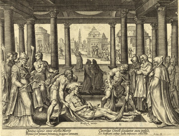 From The Disasters of The Jewish People: Stephen was one of the first deacons of the Christian church and the first Christian martyr to be stoned to death. depicting the burial of the first martyr (protomartyr) after his stoning, illustration, reproduction from a 19th century original. Authentic, file restored for optimal use, exact date of original unknown, Historical