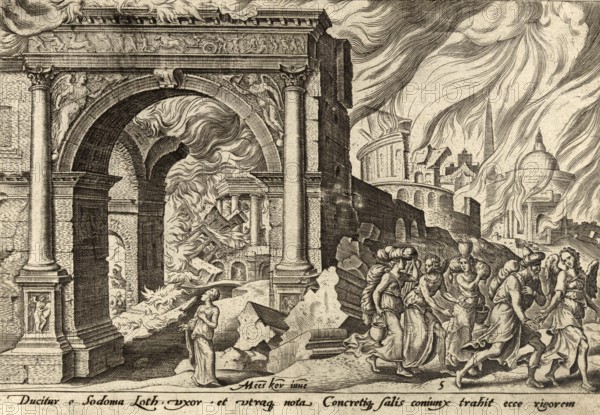 From The Disasters of The Jewish People: Lot and his family leaving the burning Sodom, found in Genesis chapter 19, illustration, reproduction from a 19th century original. Authentic, file restored for optimal use, exact date of original unknown, Historical