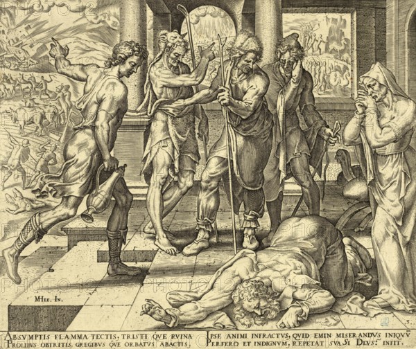 Biblical story of Job, a central scene from the biblical book of Job, in which messengers tell the protagonist one after the other that he has lost his property and his children, based on an etching by Dutch artist Maarten van Heemskerck from 1569, illustration, reproduction from a 19th-century model. Authentic, file restored for optimal use, exact date of submission unknown, historical