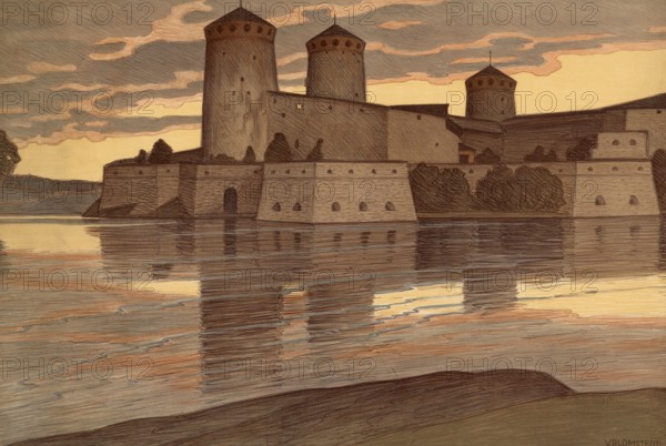Olavinlinna or Olofsborg is a medieval castle from 1475 in the city of Savonlinna in Finland. It is considered to be the best preserved medieval castle in Northern Europe, illustration, reproduction from a model from the 19th century. Authentic, file restored for optimal use, exact date of submission unknown, historical