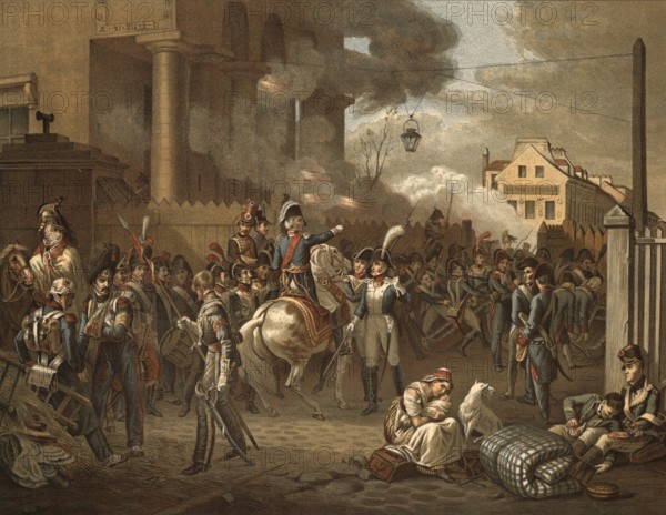 Battle of Paris on March 30, 1814, the last battle of the winter campaign of 1814. The allied troops Russia, Austria, Prussia, Württemberg attacked Paris, which was defended by numerically outnumbered French troops. Marshal Bon-Adrien-Jeannot de Moncey defends the city limits at the Barrière de Clichy against Russian Cossacks, illustration, reproduction from a 19th-century model. Authentic, file restored for optimal use, exact date of submission unknown, historical