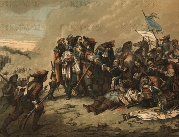 The death of French Marshal Henri de La Tour d'Auvergne, Viscount de Turenne, on July 27, 1675 near Salzbach, today Sasbach, Baden, during the Dutch War was a strategic turning point during the Wars of Louis XIV, illustration, reproduction from a model from the 19th century. Authentic, file restored for optimal use, exact date of submission unknown, historical