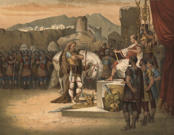 Vercingetorix, the leader of the Arverni, surrendered to Julius Caesar in autumn 52 BC after the decisive battle for Alesia, illustration, reproduction from a 19th-century model. Authentic, file restored for optimal use, exact date of submission unknown, historical