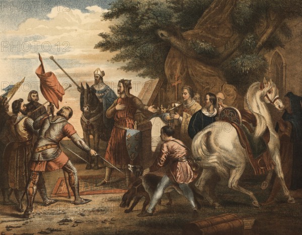 Before the Battle of Bouvines (1214), Philip II. Before the Battle of Bouvines (1214), Philip II Augustus, as representative of the direct Capetians, consolidated royal power in France by strategically regaining territories, especially from the Angevins, and strengthening the central administration, Illustration, Reproduction from a 19th century original. Authentic, file restored for optimal use, exact date of original unknown, Historical