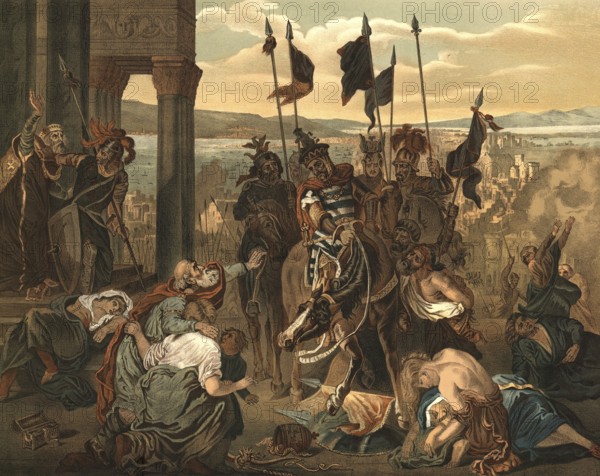 The conquest of Constantinople in April 1204 was the culmination of the Fourth Crusade, in which French crusaders and Venetians under Doge Enrico Dandolo sacked the city and weakened the Byzantine Empire, illustration, reproduction from a 19th-century model. Authentic, file restored for optimal use, exact date of submission unknown, historical