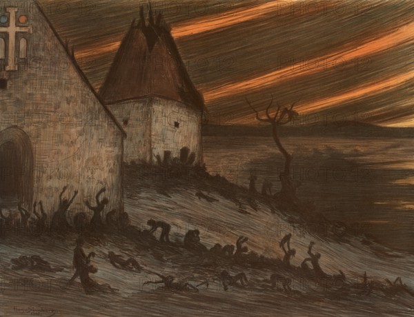 The Black Death reached Finland around 1350 in the course of the great plague pandemic (1347 - 1353), which devastated large parts of Europe, Illustration, Reproduction from a 19th century original. Authentic, file restored for optimal use, exact date of original unknown, Historical