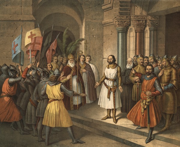 Godfrey of Bouillon was a chief leader of the First Crusade and became a central figure after the brutal conquest of Jerusalem on July 15, 1099. On July 22, 1099, he took over the reign as Advocatus Sancti Sepulchri, protector of the Holy Sepulchre, illustration, reproduction from a 19th-century model. Authentic, file restored for optimal use, exact date of submission unknown, historical