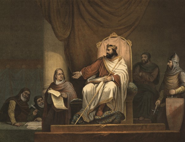 Emperor Charlemagne (768 - 814) used capitularies as central royal reform instruments to enforce his political goals. These legislative decrees were dictated or written in the environment of the Carolingian court and served to bind the magnates, Illustration, reproduction from a 19th century original. Authentic, file restored for optimal use, exact date of original unknown, Historical