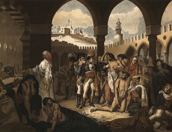 On March 11, 1799, during the Egyptian campaign, Revolutionary Wars, Napoleon Bonaparte visited plague soldiers in Jaffa to calm down his troops and show courage, illustration, reproduction from a 19th-century model. Authentic, file restored for optimal use, exact date of submission unknown, historical