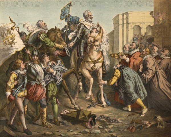The entry of Henry IV into Paris took place on 22 March 1594 and was a decisive moment during the French Wars of Religion (1562-1598) . The originally Protestant king converted to Catholicism in 1593, illustration, reproduction from a 19th century original. Authentic, file restored for optimal use, exact date of original unknown, Historical