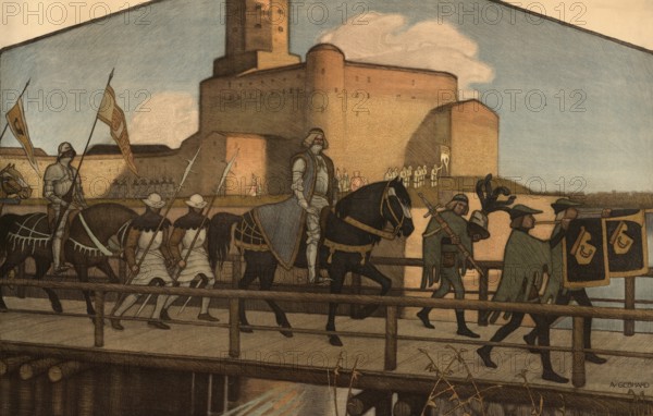 Knut Knutsson, who left Wiborg Castle in 1440, an island castle in the city of Wiborg, today Russian Vyborg and in the Karelian Isthmus in Russia, was actually Karl Knutsson Bonde, illustration, reproduction from a model from the 19th century. Authentic, file restored for optimal use, exact date of submission unknown, historical