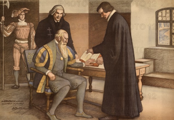 The painting shows a historical scene of the Finnish-Swedish Reformation. It depicts the Swedish King Gustav Vasa (r. 1523 - 1560) together with the reformer Mikael Agricola, who is considered the father of the Finnish written language, illustration, reproduction from a 19th century original. Authentic, file restored for optimal use, exact date of original unknown, Historical