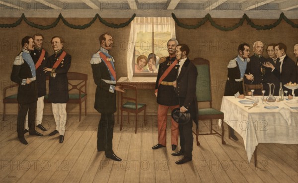 In 1863, there was a historically significant encounter between the Finnish statesman Johan Vilhelm Snellman and the Russian Emperor Alexander II, which paved the way for Finnish national identity, illustration, reproduction of a model from the 19th century. Authentic, file restored for optimal use, exact date of submission unknown, historical