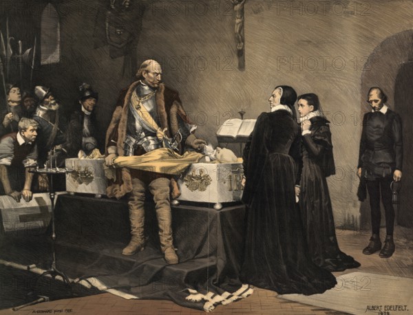 Duke Charles, King Charles IX, has his opponent Klaus Fleming open the coffin in 1598 to convince himself of the death of his arch enemy. He is said to have pulled Fleming by the beard and said: If you were alive now, your head wouldn't be safe, illustration, reproduction from a model from the 19th century. Authentic, file restored for optimal use, exact date of submission unknown, historical