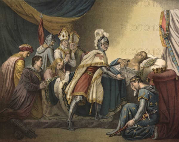 King Louis IX of France, also known as Saint Louis, died on 25 August 1270 during his second crusade (often counted as the Eighth Crusade) off Tunis of a rampant plague, probably dysentery or typhus, illustration, reproduction from a 19th century original. Authentic, file restored for optimal use, exact date of original unknown, Historical