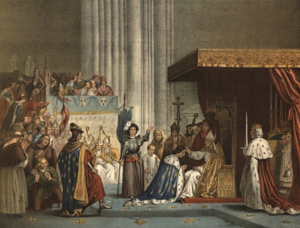 The coronation of Charles VII in Reims, at which Joan of Arc was present, was a decisive moment during the Hundred Years War, which consolidated the king's legitimacy and strengthened French morale. The ceremony took place on July 17, 1429 in Reims Cathedral, illustration, reproduction from a 19th-century model. Authentic, file restored for optimal use, exact date of submission unknown, historical