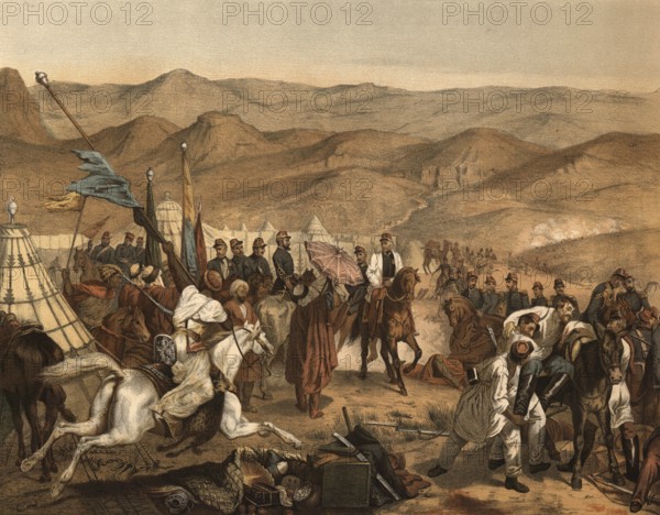 The Battle of Isly took place on August 14, 1844 near the Algerian-Moroccan border and ended with a decisive victory of French troops under General Thomas-Robert Bugeaud over the Moroccan army, illustration, reproduction of a model from the 19th century. Authentic, file restored for optimal use, exact date of submission unknown, historical