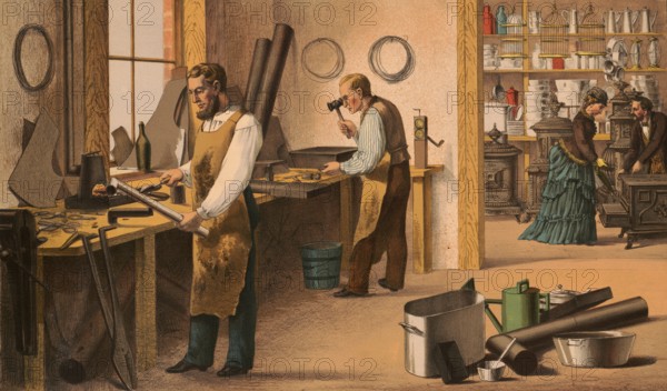 Tinsmith, plumber, plumber or bottle maker, traditional craft, around 1920, illustration, reproduction from a model from the 19th century. Authentic, file restored for optimal use, exact date of submission unknown, historical