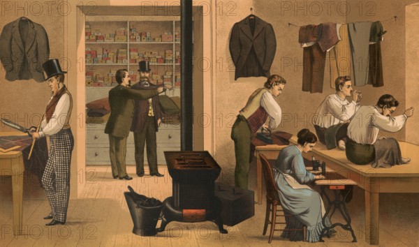 Traditional craft, tailor, workshop with several employees, custom tailoring, around 1920, illustration, reproduction from a model from the 19th century. Authentic, file restored for optimal use, exact date of submission unknown, historical