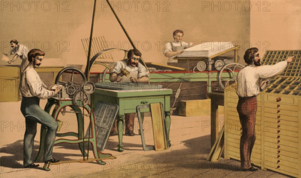 Traditional craft, printer and typesetter in a printing house around 1920, illustration, reproduction from a model from the 19th century. Authentic, file restored for optimal use, exact date of submission unknown, historical