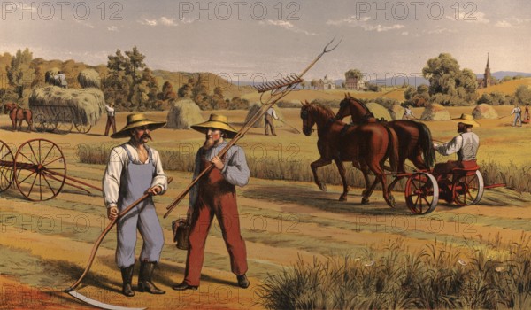 Farmers harvesting hay, around 1920, illustration, reproduction from a model from the 19th century. Authentic, file restored for optimal use, exact date of submission unknown, historical