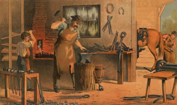 Traditional craft, blacksmith, blacksmith at work, blacksmith, around 1920, illustration, reproduction from a 19th century model. Authentic, file restored for optimal use, exact date of submission unknown, historical