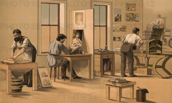 Traditional craft, lithograph, work in a lithographic company, lithographic printing process, around 1920, illustration, reproduction from a model from the 19th century. Authentic, file restored for optimal use, exact date of submission unknown, historical