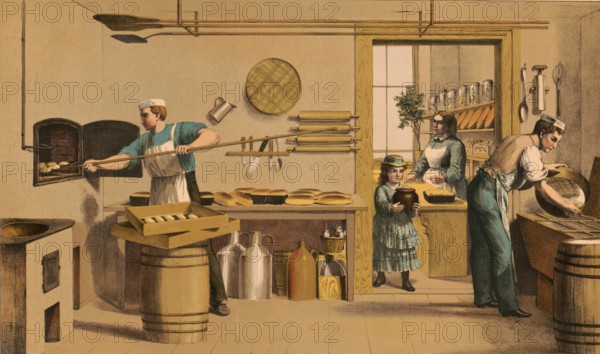 Traditional craft, baker in the bakery, around 1920, illustration, reproduction from a model from the 19th century. Authentic, file restored for optimal use, exact date of submission unknown, historical