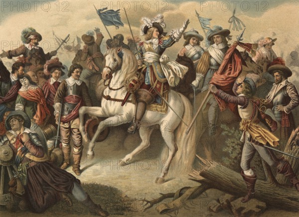 The Battle of Rocroi on May 19, 1643 was a decisive French victory during the Thirty Years' War. The Duke of Enghien led the French army to a crushing triumph over the Spanish Tercios considered invincible, illustration, reproduction from a 19th-century model. Authentic, file restored for optimal use, exact date of submission unknown, historical