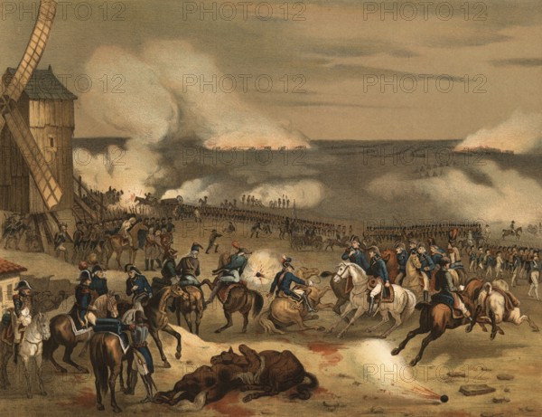 Valmy's cannonade of September 20, 1792 was an unfought battle in the First Coalition War between the Prussian contingent of the anti-French coalition and the French Revolutionary Army, illustration, reproduction of a model from the 19th century. Authentic, file restored for optimal use, exact date of submission unknown, historical