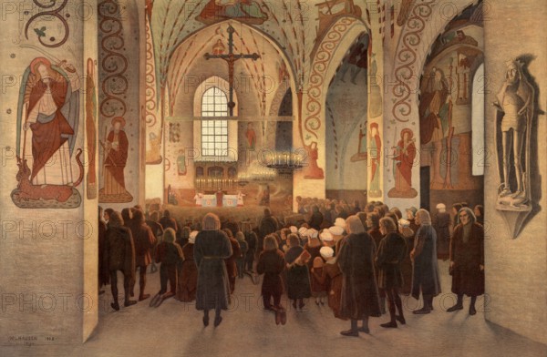 Religion, Catholic pilgrims in a pilgrimage church in Finland, around 1550, illustration, reproduction from a 19th century model. Authentic, file restored for optimal use, exact date of submission unknown, historical