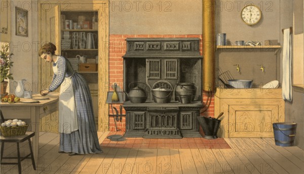 Woman in the kitchen preparing food, around 1920, illustration, reproduction from a 19th-century model. Authentic, file restored for optimal use, exact date of submission unknown, historical