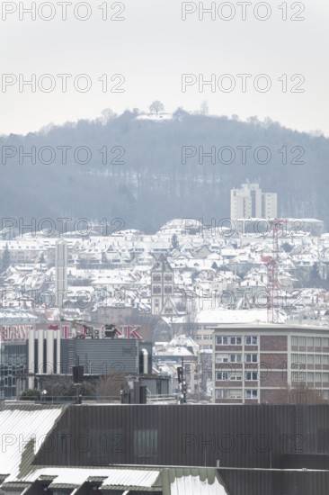March 18, 2018, winter view with snow toward Mount Scherbelino from main station tower, Stuttgart, Baden-Württemberg, Germany