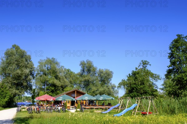 Fischhütte horse-rider am Chiemsee bei Stock, Prien, Chiemgau, Upper Bavaria, Bavaria, Bavaria, Germany