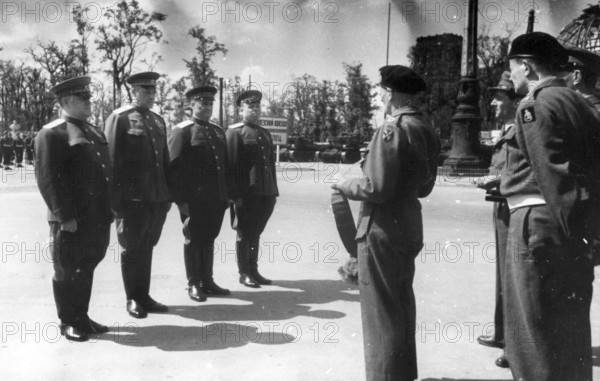 Shukov meets Montgomery at Brandenburg Gate, Berlin, Germany, June 1945