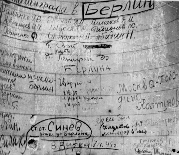 Soviet soldiers have immortalized themselves at the Reichstag. Graffiti, early May 1945