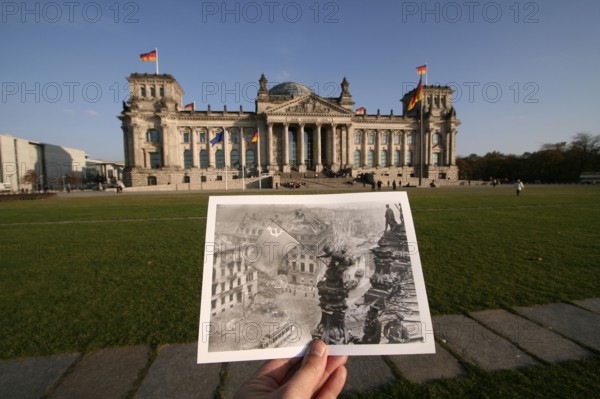 Then and now. The Reichstag 2005 and on May 2, 1945. Mitte, Berlin In total, J. Chaldej took 36 pictures, which he later also changed by adding clouds of smoke, retouching the clock and assembling further variants. The picture became an icon and symbol of the victory over national socialism