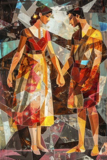 Cubist view of a couple hand in hand, Painting like composition, AI generated